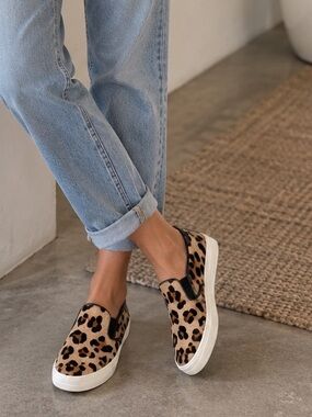 Genuine Calf Hair Leather Leopard Print Slip-On Rubber Sole Flatform Shoes